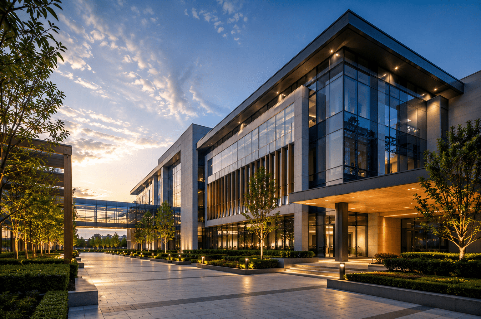 Low angle view of a modern glass and steel structure with geometric architectural lines