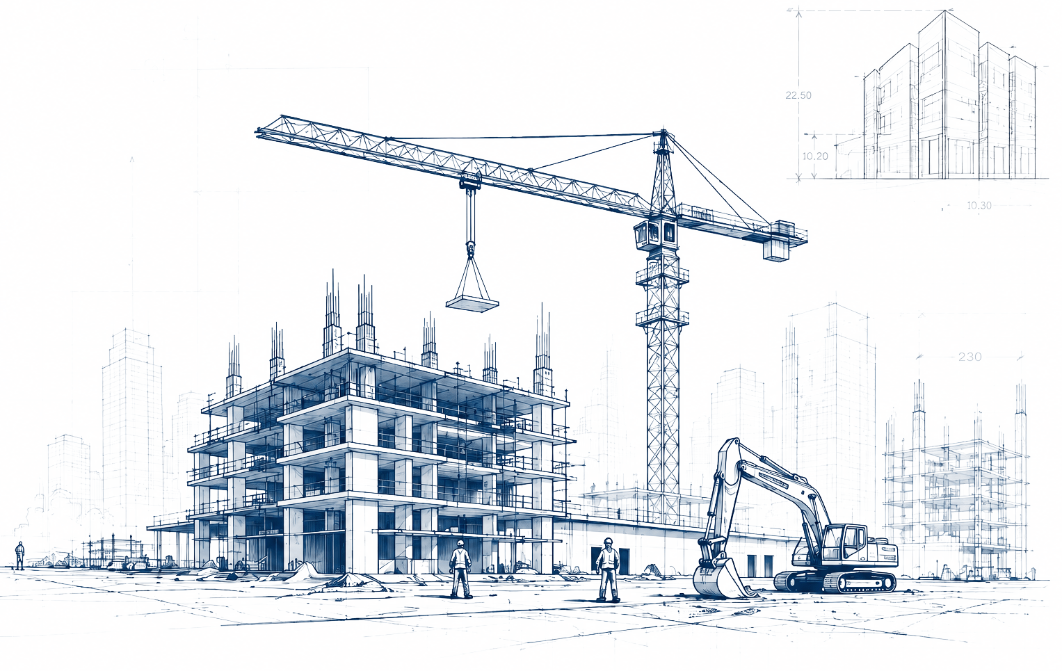 Blueprint-style illustration of a building under construction with a tower crane and excavator