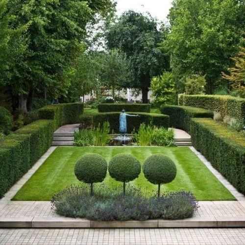 Luxury outdoor landscaped backyard garden with lawn and patio pool